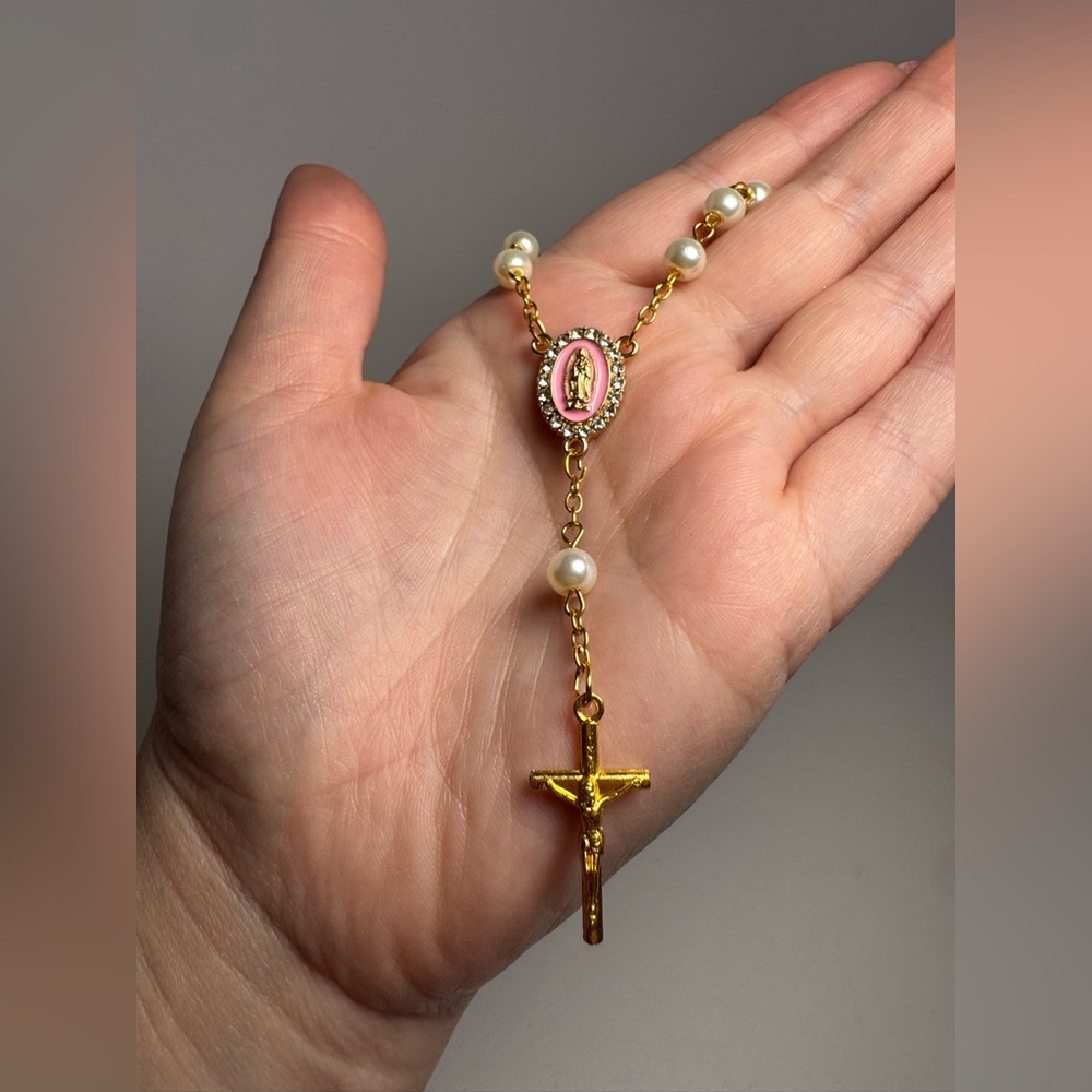 Pink & Gold Rosary Bag Charm/Keychain | Pearls, Crucifix & Lady Guadalupe Accent - Picture 12 of 12